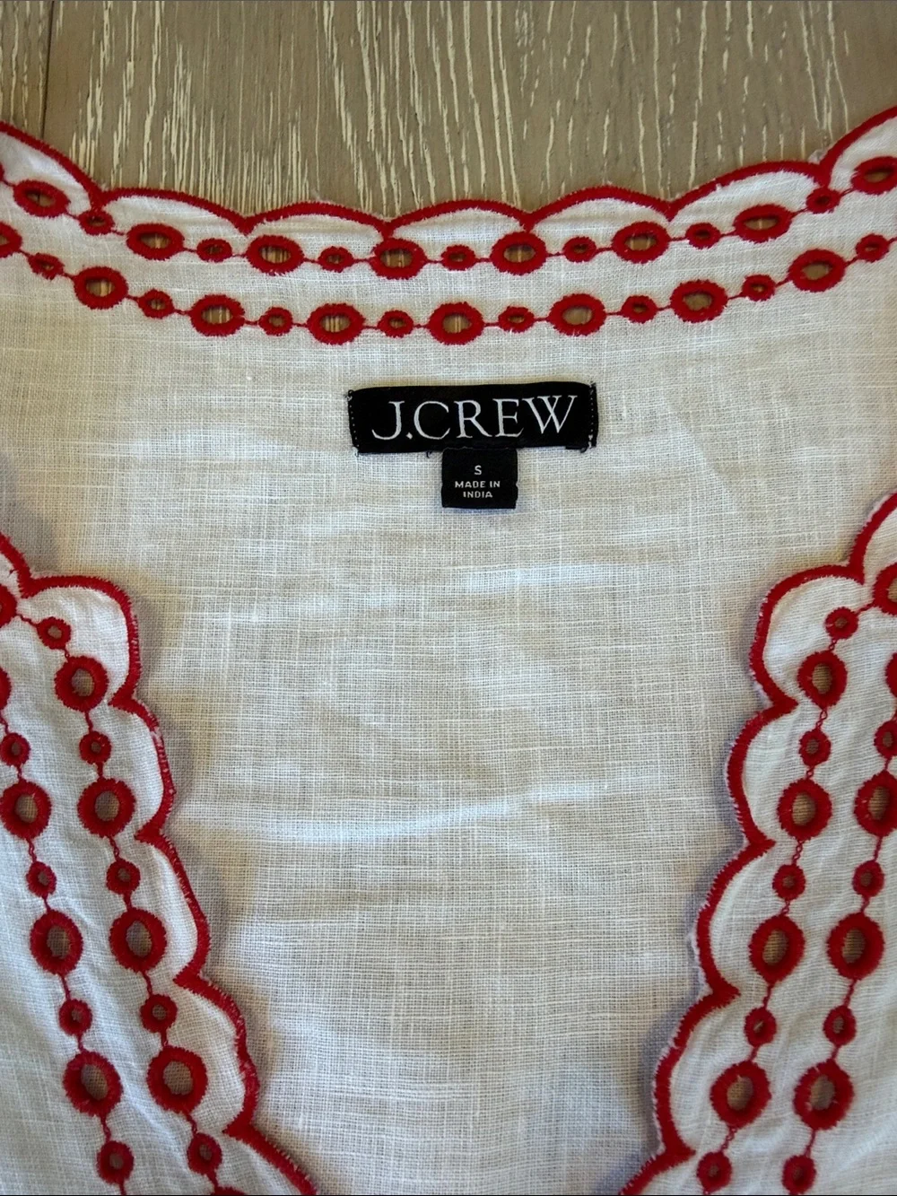 J. Crew Bungalow White Linen Peasant Blouse with Red Embroidered Trim Size S